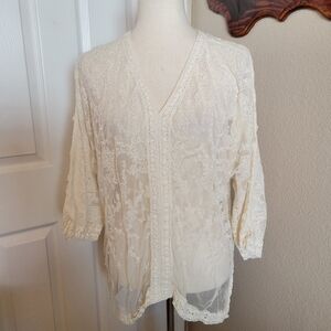 Chico’s Ivory Sheer Embroidered Floral Blouse Size 3 (US 16) Boho Romantic Top